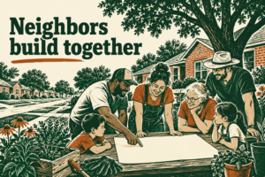 AI-generated conceptual linocut of neighbors planning a community garden; phrase: Neighbors build together.