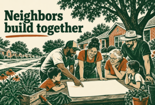 AI-generated conceptual linocut of neighbors planning a community garden; phrase: Neighbors build together.