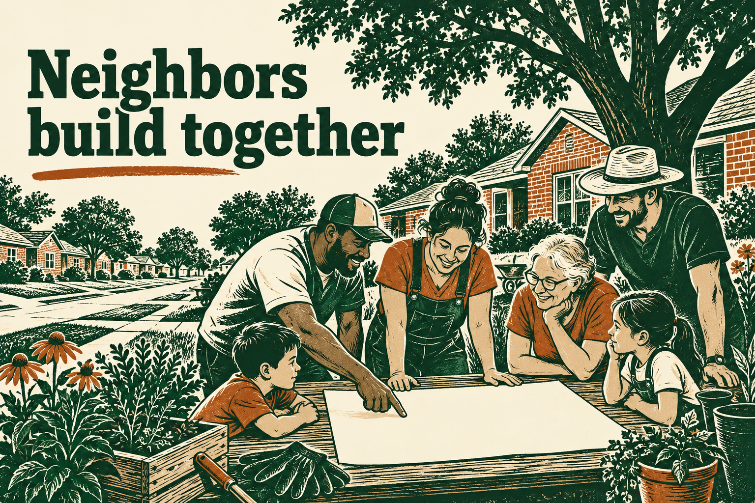 AI-generated conceptual linocut of neighbors planning a community garden; phrase: Neighbors build together.
