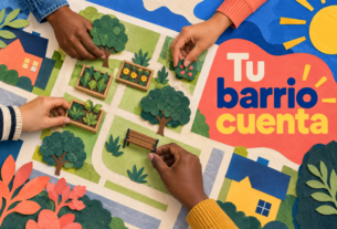 Collage conceptual creado con IA: manos organizan un jardín comunitario; frase: Tu barrio cuenta.