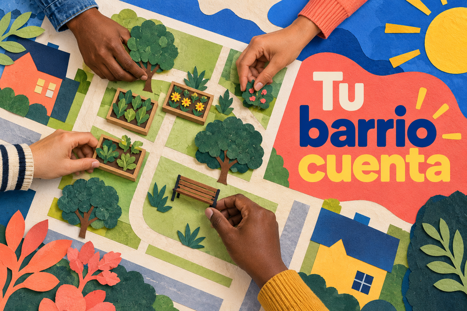 Collage conceptual creado con IA: manos organizan un jardín comunitario; frase: Tu barrio cuenta.
