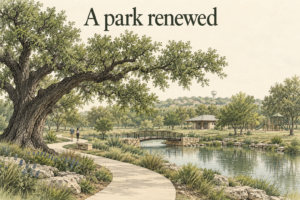 AI-generated conceptual ink illustration of an oak park, pond and path, with the phrase A park renewed.