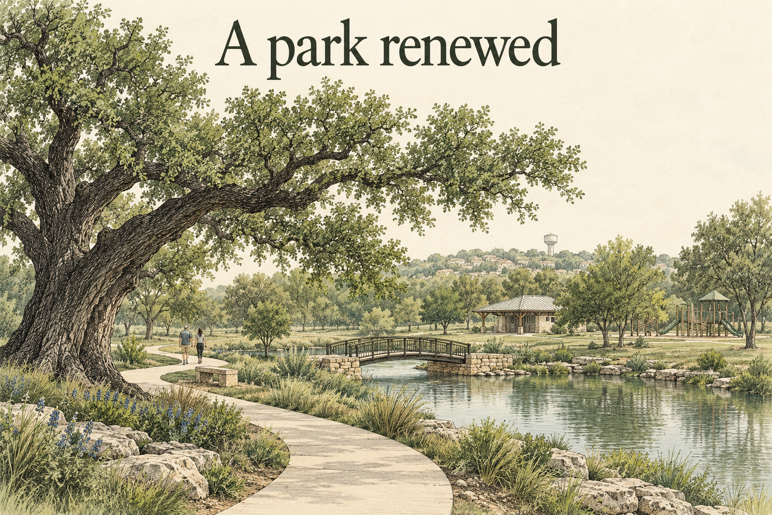 AI-generated conceptual ink illustration of an oak park, pond and path, with the phrase A park renewed.