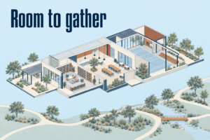 AI-generated conceptual architectural illustration of a community recreation hub with the phrase Room to gather.
