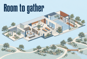 AI-generated conceptual architectural illustration of a community recreation hub with the phrase Room to gather.