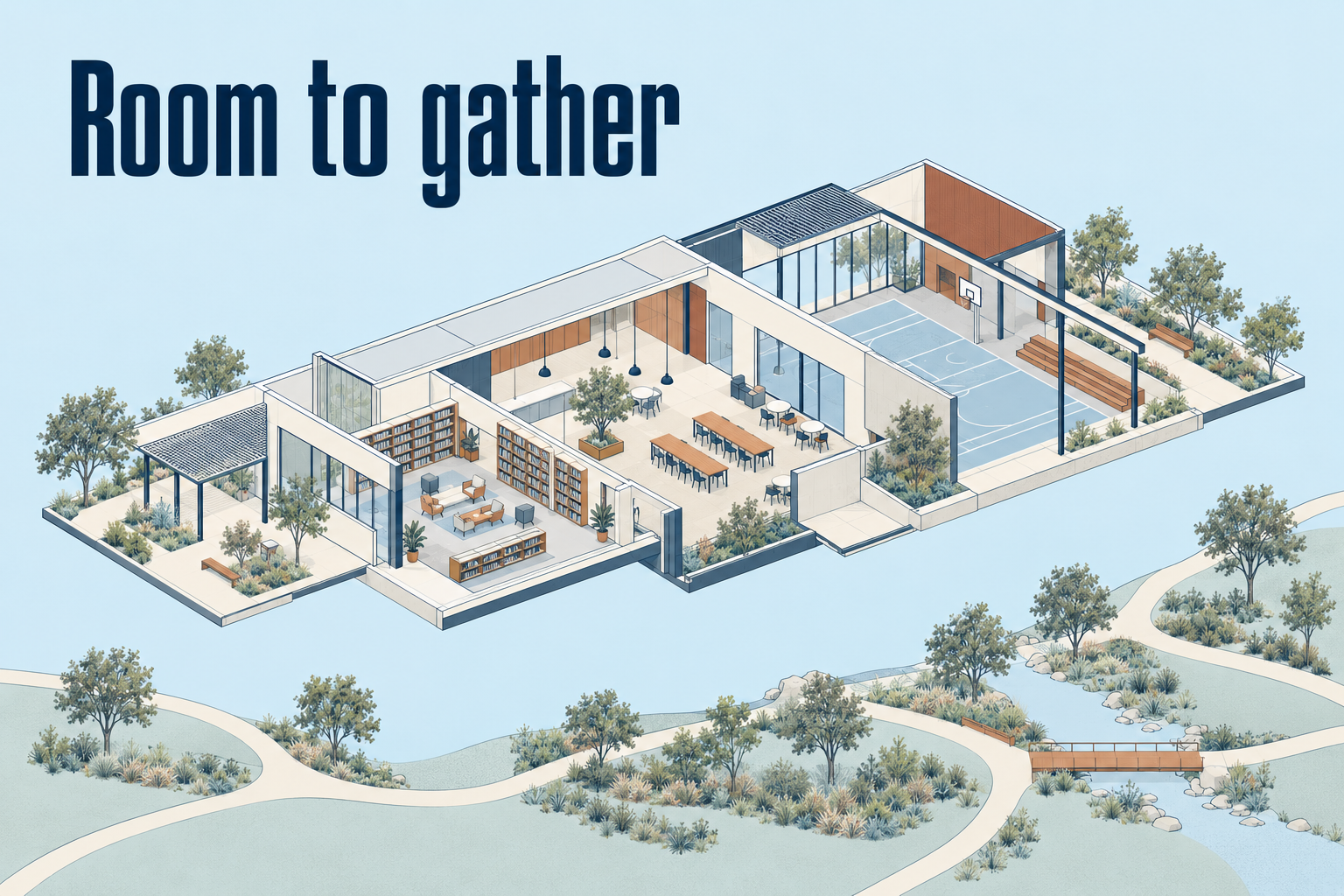 AI-generated conceptual architectural illustration of a community recreation hub with the phrase Room to gather.