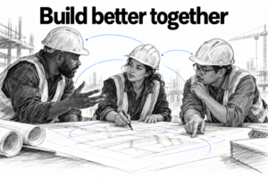 AI-generated conceptual graphite illustration of crew leaders discussing plans, with the phrase Build better together.