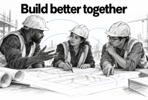 AI-generated conceptual graphite illustration of crew leaders discussing plans, with the phrase Build better together.