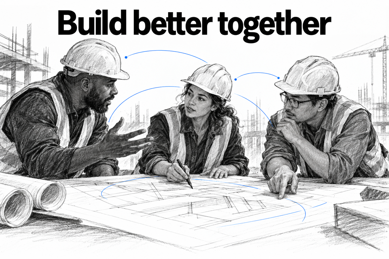 AI-generated conceptual graphite illustration of crew leaders discussing plans, with the phrase Build better together.