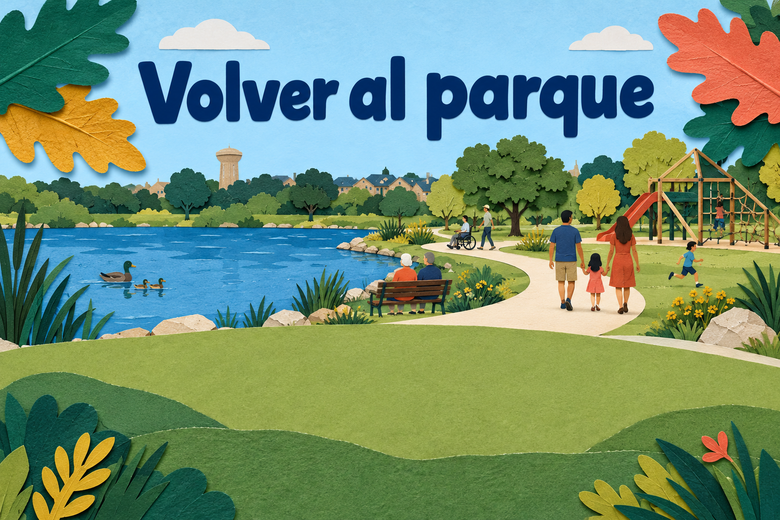 Ilustración conceptual creada con IA en collage de papel: vecinos, estanque y sendero con la frase Volver al parque.