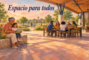Ilustración conceptual creada con IA de vecinos leyendo y conversando bajo un pabellón, con la frase Espacio para todos.