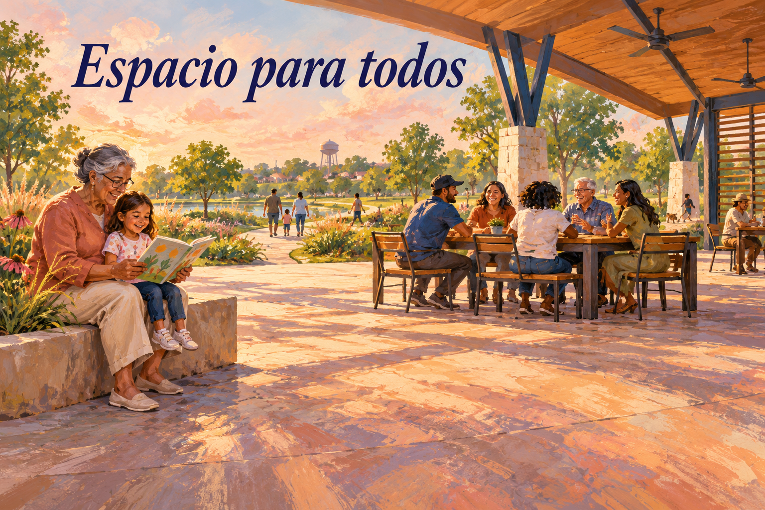 Ilustración conceptual creada con IA de vecinos leyendo y conversando bajo un pabellón, con la frase Espacio para todos.