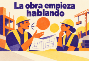 Ilustración conceptual creada con IA de trabajadores conversando, en naranja y violeta, con la frase La obra empieza hablando.
