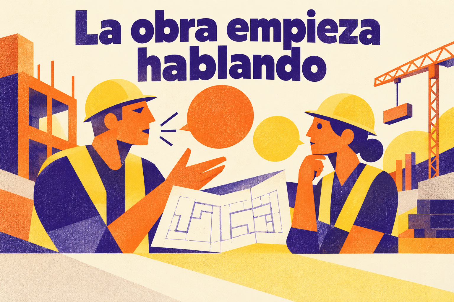 Ilustración conceptual creada con IA de trabajadores conversando, en naranja y violeta, con la frase La obra empieza hablando.