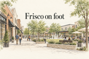 Conceptual AI-generated ink-and-watercolor illustration of a walkable downtown, with the phrase Frisco on foot.