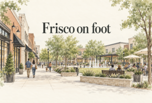 Conceptual AI-generated ink-and-watercolor illustration of a walkable downtown, with the phrase Frisco on foot.