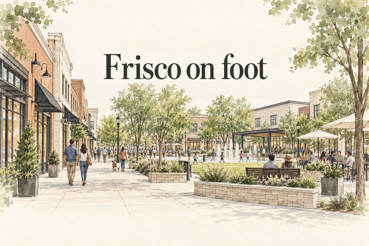 Conceptual AI-generated ink-and-watercolor illustration of a walkable downtown, with the phrase Frisco on foot.