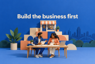 Conceptual AI-generated paper-sculpture scene of entrepreneurs planning a business, with the phrase Build the business first.