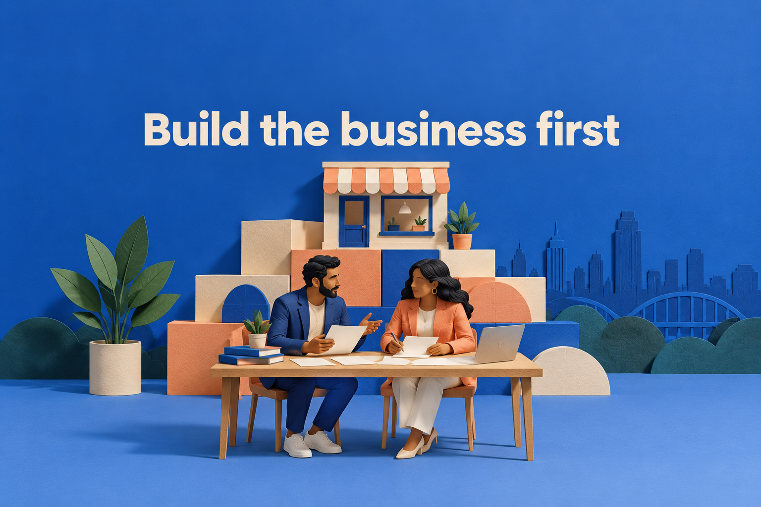 Conceptual AI-generated paper-sculpture scene of entrepreneurs planning a business, with the phrase Build the business first.