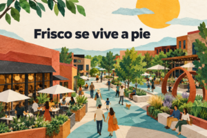 Ilustración conceptual generada con IA de un centro peatonal en collage de papel, con la frase Frisco se vive a pie.