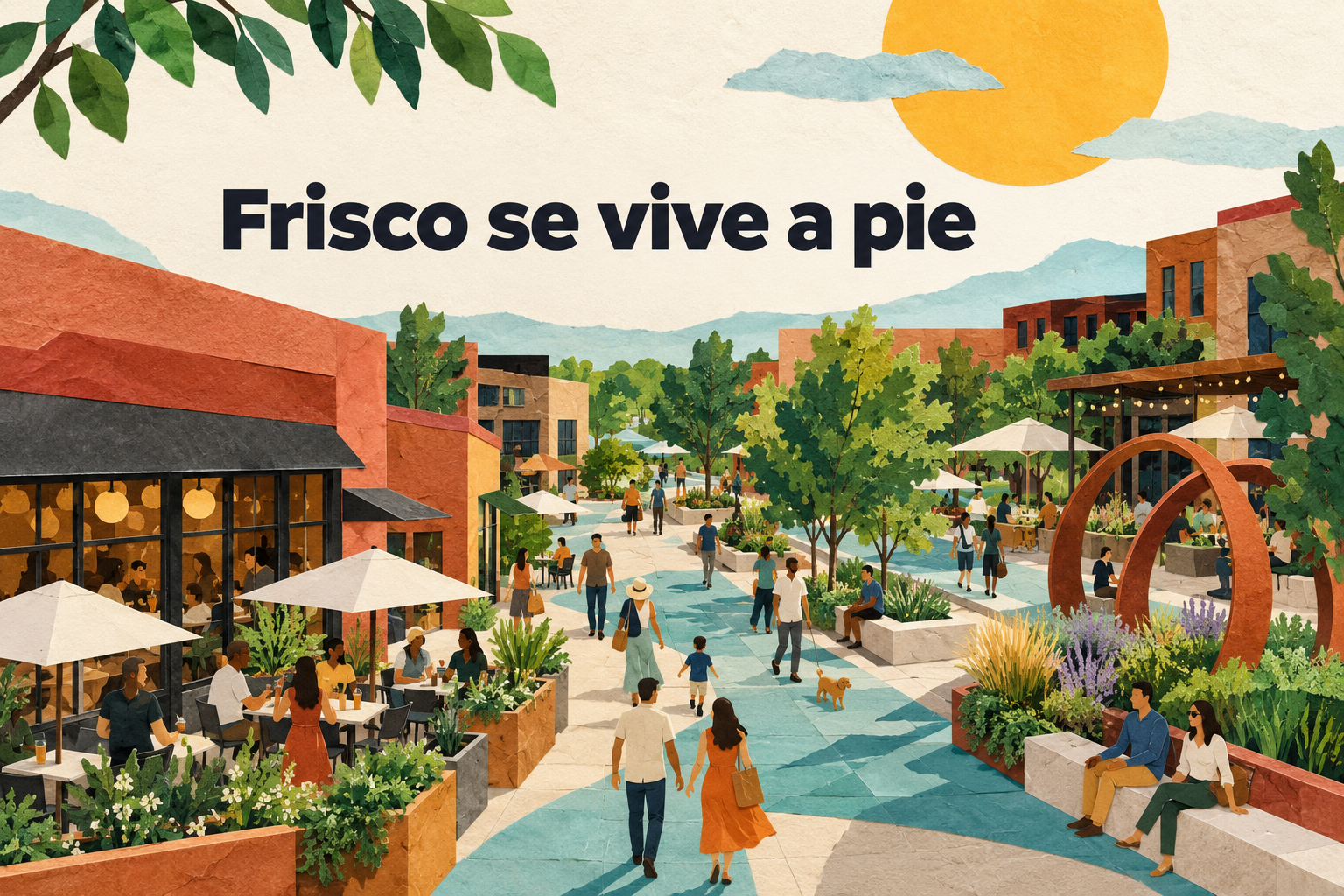 Ilustración conceptual generada con IA de un centro peatonal en collage de papel, con la frase Frisco se vive a pie.
