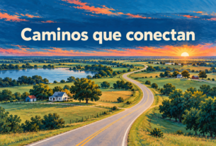 Ilustración conceptual generada con IA de un camino entre campos y viviendas rurales, con la frase Caminos que conectan.