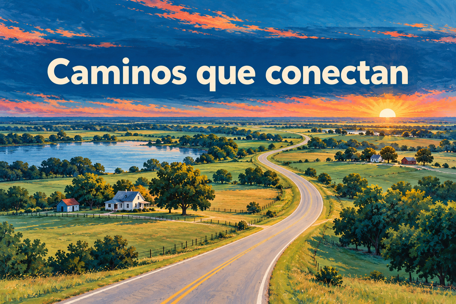Ilustración conceptual generada con IA de un camino entre campos y viviendas rurales, con la frase Caminos que conectan.