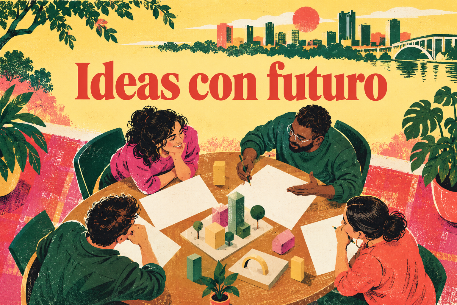Ilustración conceptual generada con IA de emprendedores reunidos en una mesa, estilo serigrafía, con la frase Ideas con futuro.