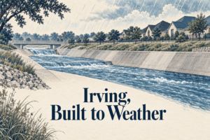 Conceptual AI-generated ink illustration of a neighborhood and drainage channel, with the phrase Irving, Built to Weather.