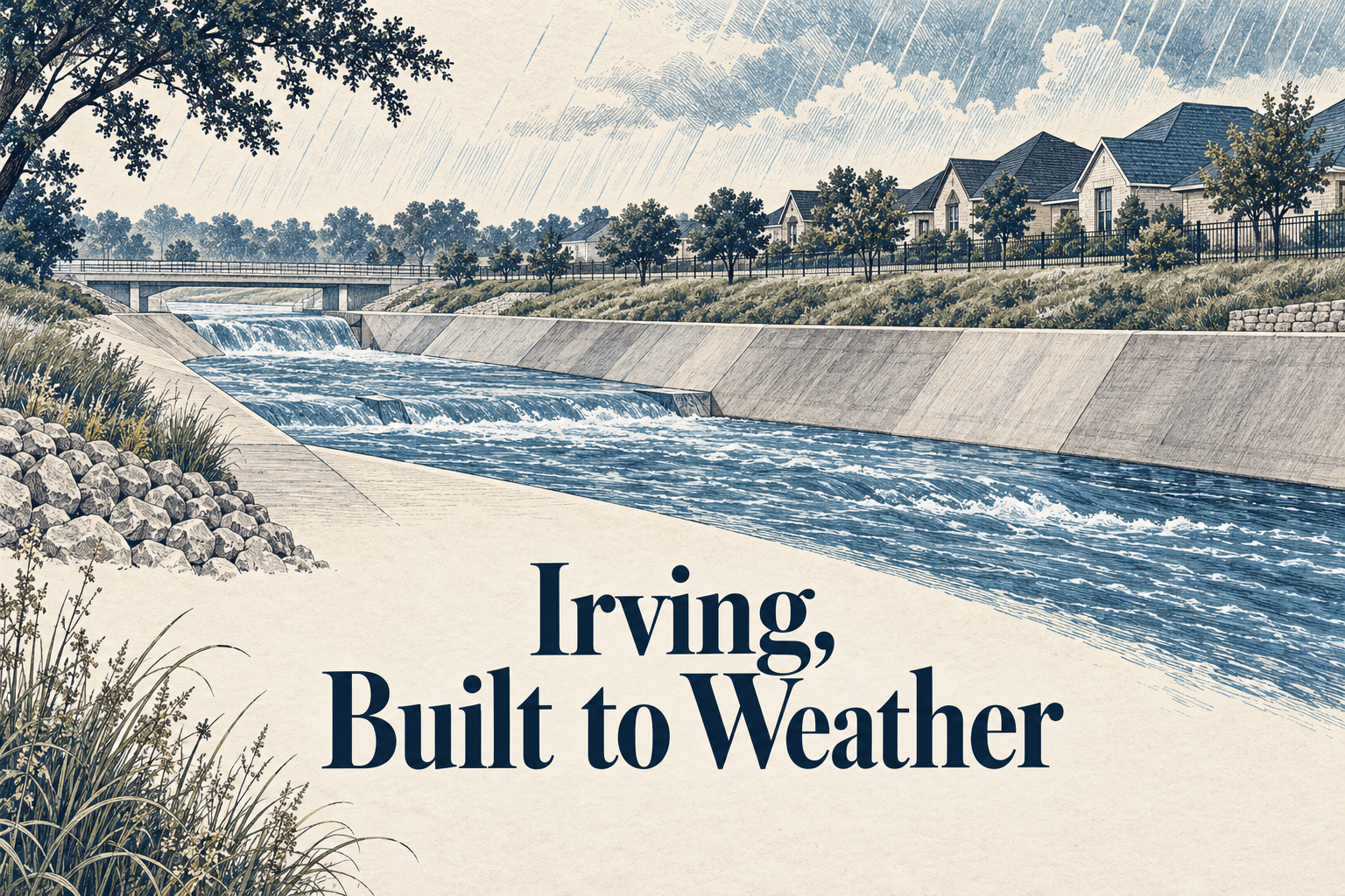Conceptual AI-generated ink illustration of a neighborhood and drainage channel, with the phrase Irving, Built to Weather.