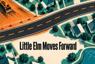Conceptual AI-generated screenprint of roadwork and homes, with the phrase Little Elm Moves Forward; not a route map.