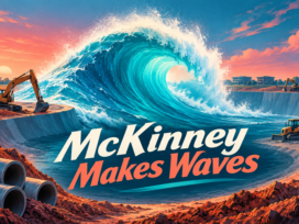 Conceptual AI-generated poster of a symbolic surf wave above an excavation, with the phrase McKinney Makes Waves.