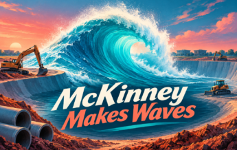 Conceptual AI-generated poster of a symbolic surf wave above an excavation, with the phrase McKinney Makes Waves.