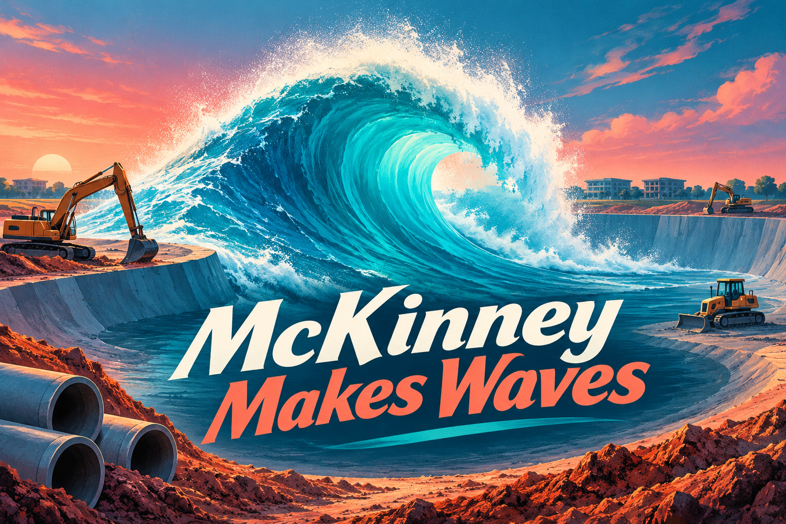 Conceptual AI-generated poster of a symbolic surf wave above an excavation, with the phrase McKinney Makes Waves.