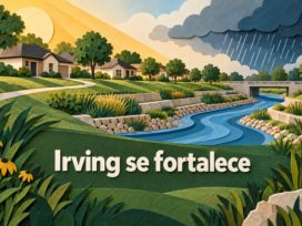 Ilustración conceptual generada con IA de casas y un canal en papel recortado, con la frase Irving se fortalece.