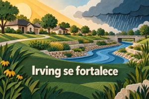Ilustración conceptual generada con IA de casas y un canal en papel recortado, con la frase Irving se fortalece.