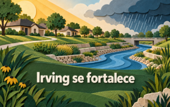 Ilustración conceptual generada con IA de casas y un canal en papel recortado, con la frase Irving se fortalece.