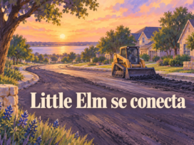 Ilustración conceptual generada con IA de una obra vial en tonos violeta y durazno, con la frase Little Elm se conecta.