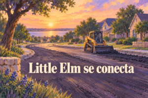 Ilustración conceptual generada con IA de una obra vial en tonos violeta y durazno, con la frase Little Elm se conecta.