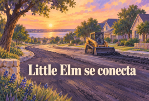 Ilustración conceptual generada con IA de una obra vial en tonos violeta y durazno, con la frase Little Elm se conecta.