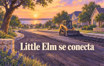 Ilustración conceptual generada con IA de una obra vial en tonos violeta y durazno, con la frase Little Elm se conecta.
