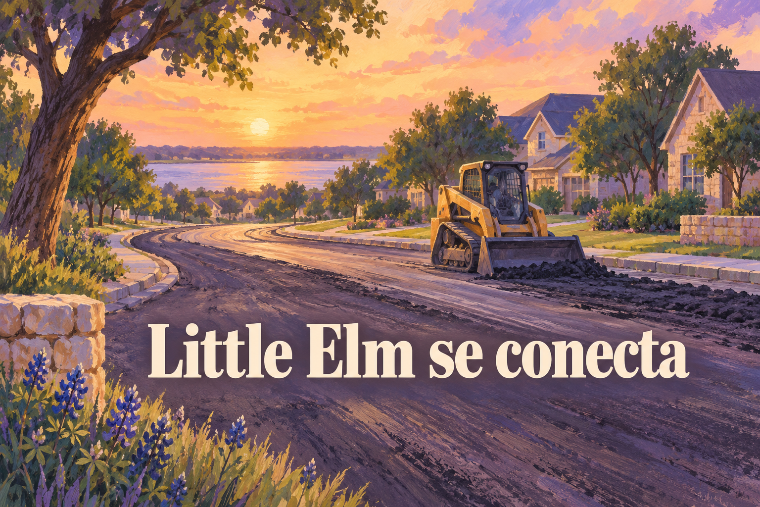 Ilustración conceptual generada con IA de una obra vial en tonos violeta y durazno, con la frase Little Elm se conecta.