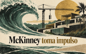 Ilustración conceptual generada con IA de una ola, grúa y formas arquitectónicas, con la frase McKinney toma impulso.