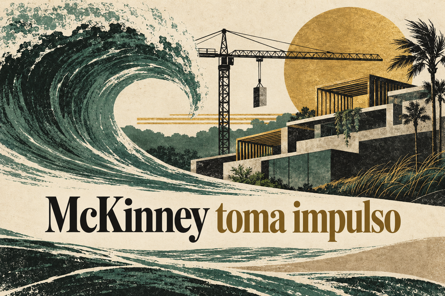 Ilustración conceptual generada con IA de una ola, grúa y formas arquitectónicas, con la frase McKinney toma impulso.